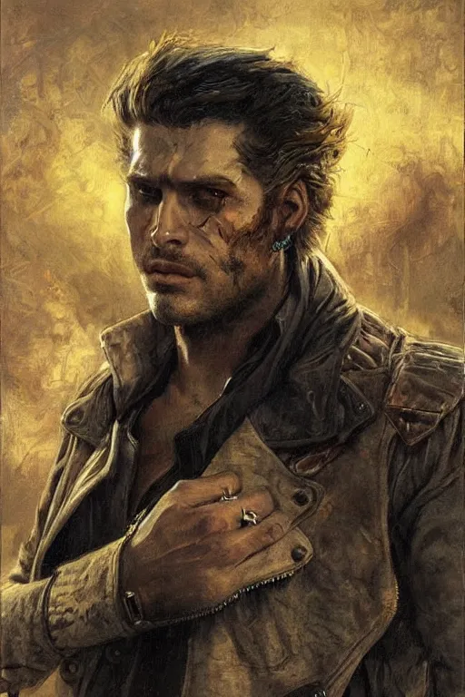 Image similar to a thirty - five year old contract killer named cobalt. he wears a brown leather jacket. he has a burn scar up the side of his face. art by gaston bussiere.