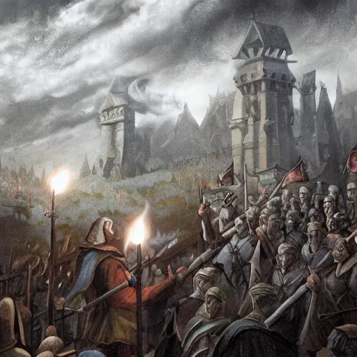 Image similar to a crowd of medieval people with Pitchforks and torches standing on clouds, higly detailed, ambient lighting, mystic, rpg artwork