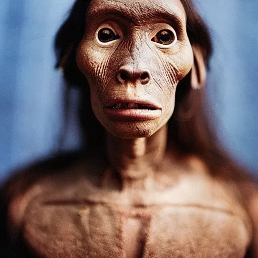 Image similar to “ full body photo of a very primitive pre-human woman Neanderthal looking deeply to the camera, blue eyes, anthropology photography, color kodakcrhome 64,National Geographic ”