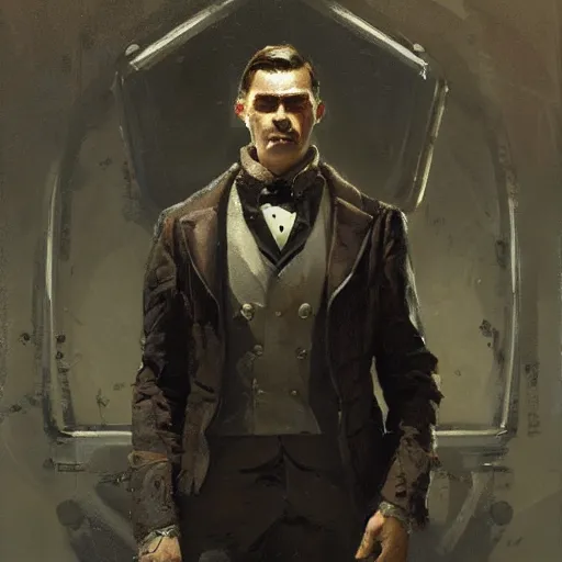 Image similar to a dapper victorian man with a glowing cybernetic chest, chiaroscuro, sci fi character portrait by greg rutkowski, craig mullins