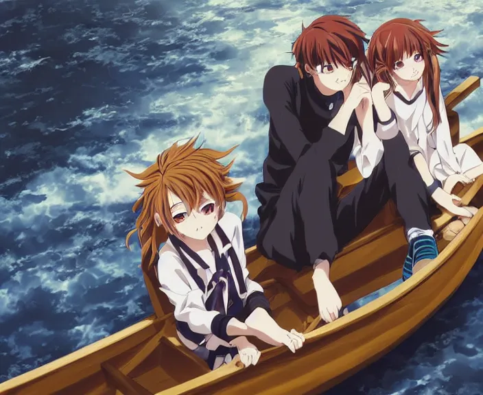 Image similar to anime key visual of a young man anime and young woman anime sitting together on one single long wooden rowboat. Romantic. Girl has auburn hair. Boy has short black hair. Boy and girl. Boy and girl. Narrow river in a forest, rocky shore, trees, shady, blue waters, ripples, waves, reflections, details, sharp focus, illustration, by Jordan Grimmer and greg rutkowski, Trending artstation, pixiv, digital art