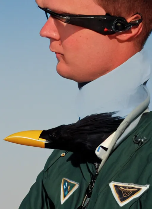 Image similar to a jet pilot with a crow head