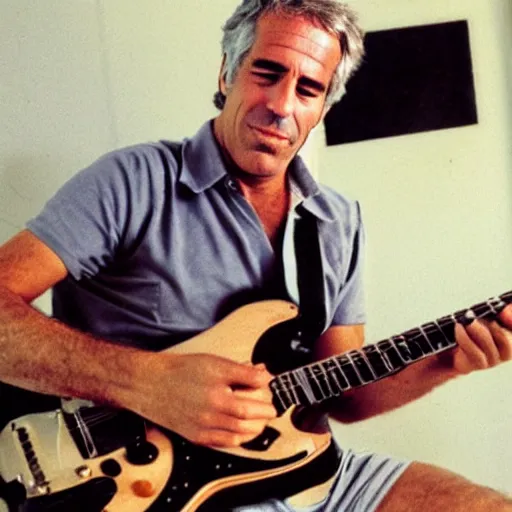 Image similar to photo of jeffrey epstein playing guitar, 1 9 8 0 s, wide angle,