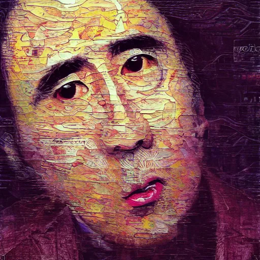 Image similar to yoshitaka amano blurred and dreamy realistic three quarter angle portrait of a nicolas cage, junji ito abstract patterns in the background, satoshi kon anime, noisy film grain effect, highly detailed, renaissance oil painting, weird portrait angle, blurred lost edges