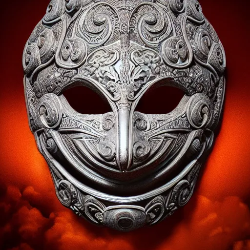 Image similar to an elaborate intricate mask surrounded by storm clouds, rendered in octane, behance hd, bokeh backdrop