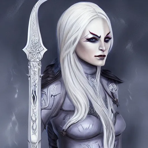 Prompt: beautiful silver hair female dark elf drow, wielding a dagger, concept art