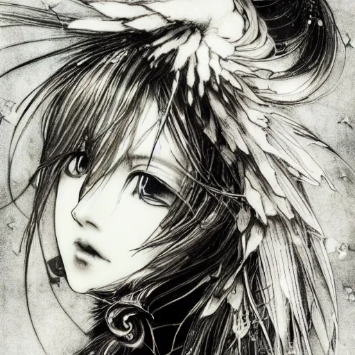 Prompt: Yoshitaka Amano blurred and dreamy illustration of an anime girl with black eyes, wavy white hair fluttering in the wind and cracks on her face wearing elden ring armor with engravings, background with abstract black and white patterns, noisy film grain effect, highly detailed, Renaissance oil painting, weird portrait angle, three quarter view