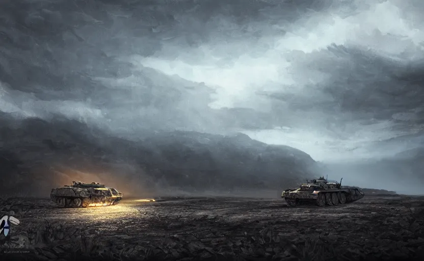 Prompt: a challenger 2 black night in the mountain at night by Paul Chadeisson, blue headlights, dark image, stormy weather, landscape, military outpost, spotlights, atmospheric, artstation, concept art, illustration, sharp focus, high detail, octane render, intimidating