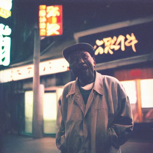 Prompt: old black man in tokyo at night, cinestill 8 0 0,