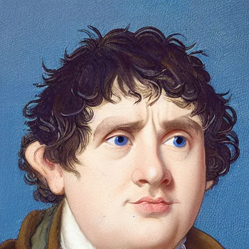 Prompt: close up headshot of a frowning clean shaven pudgy British lad with short curly dark brown hair as a hobbit wearing a white men's crossbody sling chest bag and blue vest, blue vest!! white crossbody chestbag!! high resolution film still, painting by William Blake