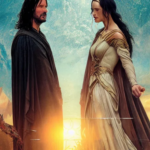 Image similar to keanu reeves as aragorn and kaya scodelario as arwen by leonardo divinci, greg rutkowski, alphonse mucha, mystical cosmic lighting, octane render, artstation, rey tracing, golden ratio, rule of thirds, perfect composition