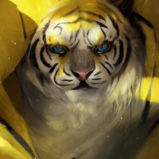 Image similar to a beautfiul award winning aesthetic commission of an antrho albino tiger wearing a yellow-black padded hooded puffer jacket,digital art,art by greg rutkowski,character design by charles bowater,ross tran,photorealistic,detailed face,hyperdetailed,western comic,2021,artstation,deviantart,detailed face