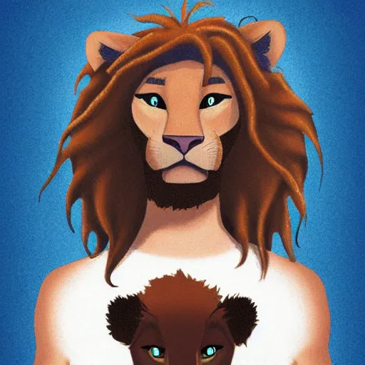 Image similar to a full-height portrait from afar of Simba form the Lion King look like an ordinary human boy with beautiful hair and the head of the lion, wearing a white T-shirt and blue jeans, humanisation, digital art style