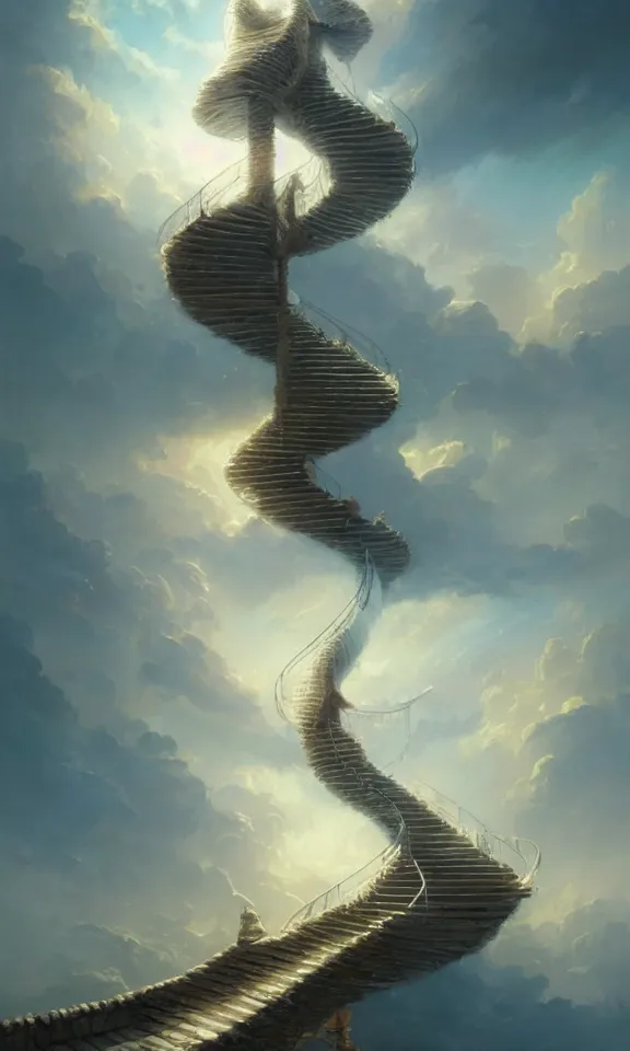 Image similar to straight staircase to heaven, sky full of clouds, art by greg rutkowski and peter mohrbacher, featured in artstation, octane render, cinematic, elegant, intricate, ultra detailed, rule of thirds, professional lighting, unreal engine, fantasy, concept art, sharp focus, illustration, 8 k