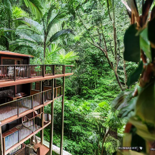 Prompt: 2000sf two level house,wrap around balconies, rock front yard, in a tropical rainforest,photorealistic,8k, XF IQ4, 150MP, 50mm, F1.4, ISO 200, 1/160s, natural light