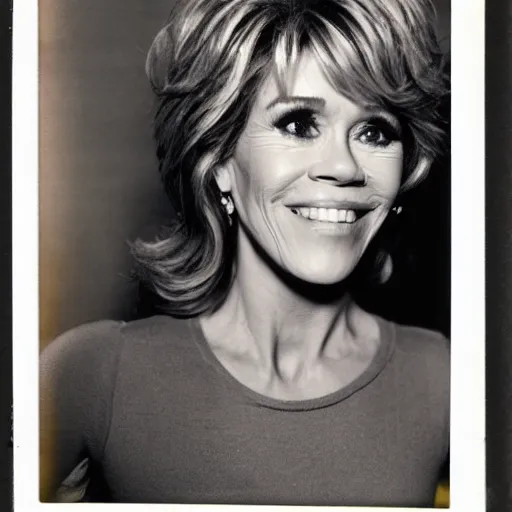 Prompt: Jane Fonda, amused and shy, looking flirtatiously into the camera, polaroid.