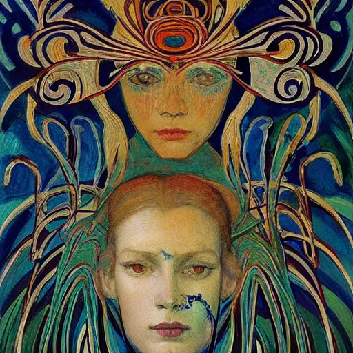 Image similar to masterpiece painting of a facemask made of stylized flowers, by annie swynnerton and jean delville and tino rodriguez and john watkiss, flower mask, art deco shaman, art brut, symbolist, dramatic lighting, god rays, elaborate geometric ornament, clean crisp graphics, soft cool colors, smooth, sharp focus, extremely detailed