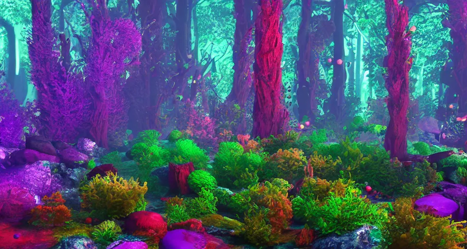 Image similar to 3d Render of colorful deep sea forest, grainy, noisy