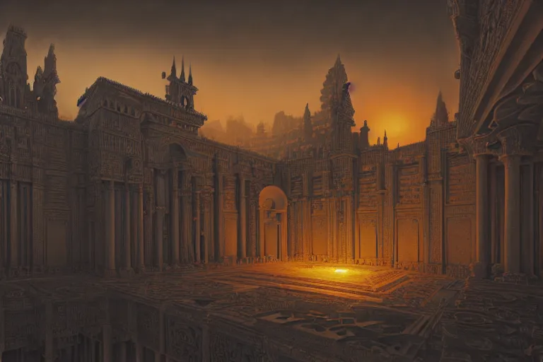 Image similar to sci - fi concrete baroque rococo gothic architecture in hell, babylonian, ziggurat, zaha hadid, beksinski, oil painting, photoreal, highly detailed, 8 k, hd, vray, artstation, cinematic matte painting, extreme detail photo quality, sunset, featured on behance