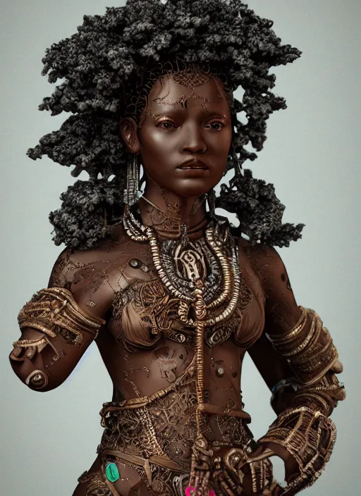 Image similar to a photo - real delicate sculpture of an ornate detailed black woman in front of a intricate background by aj fosik, curly hair, micro detail, backlit lighting, octane renderer, colorful, physically based rendering, tribal art, trending on cgsociety