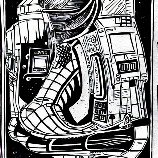 Prompt: a sci-fi pilot ink drawing, in the style of Roman sustov.