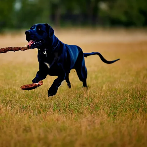 Image similar to black lab chasing a stick through a field of hotdogs, golden hour, very detailed, 4 k