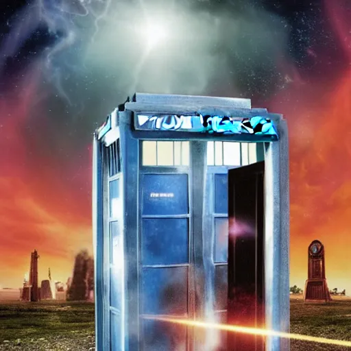 Prompt: of a Tardis from Dr.Who crashing in the DeLorean from back to the future in a time tunnel 8k hyperdetailed surrealism