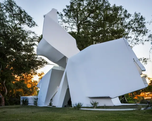 Image similar to photo of white minimalist abstract cubist sculpture of curvy spaceship with random small mecha mayan decorations, covered with few large white airplane parts with windows and doors, used as a house, gigantic size, sunset lighting