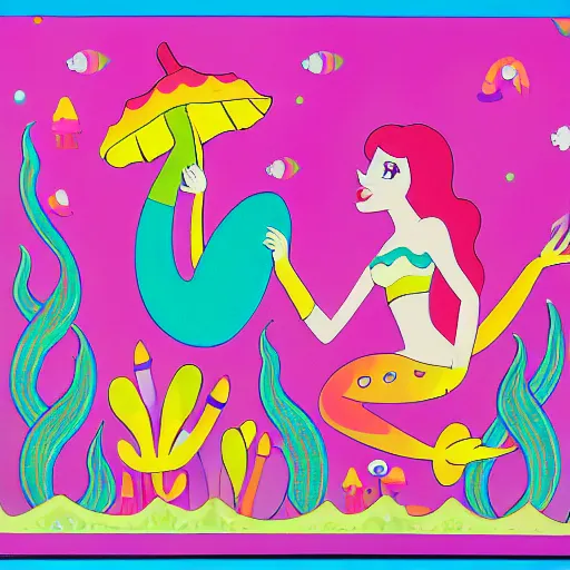 Prompt: kenner sea wees mermaids, glamour gals, mattel strawberry shortcake, dr snuggles cartoon, mushroom fantasy land, pastel rainbows, peter max yellow submarine style. professional poster. award winning.