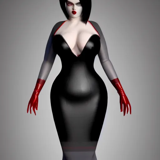 Image similar to a curvy pale goth woman wearing a royal elegant tight red-black-grey multilayered latex striped high-neck dress, cgsociety, photorealistic, sublime-cool-hot-hyperadvanced, 16k, smooth, sharp focus, trending on ArtStation, volumetric lighting, fully clothed, thin waist