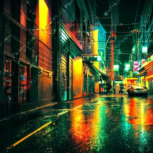 Image similar to rainy cyberpunk city street, neon lights, night time, dark, cinematic lighting, bokeh
