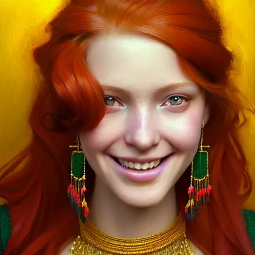Prompt: Highly detailed painting of a beautiful young woman with long red hair, smiling by Craig Mullins and Ross Tran, wearing a fancy dress, Golden fabric Background, Golden thread, intricate patterns, Emerald Earrings, ambient lighting, Trending on artstation, pinterest, cgsociety, 4k, 8k, HDR, award winning, unreal engine