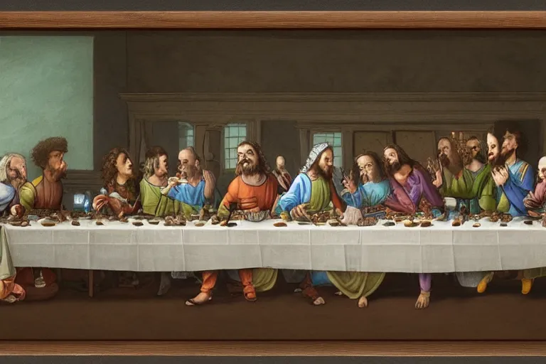 Image similar to rick and morty characters having the last supper by Leonardo da Vinci