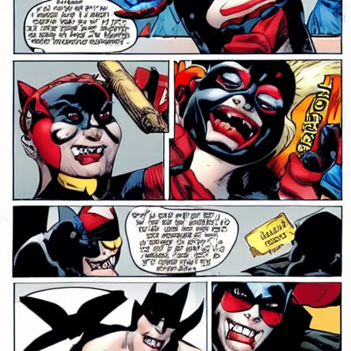 Prompt: harley quinn hitting batman on the head with a baseball bat