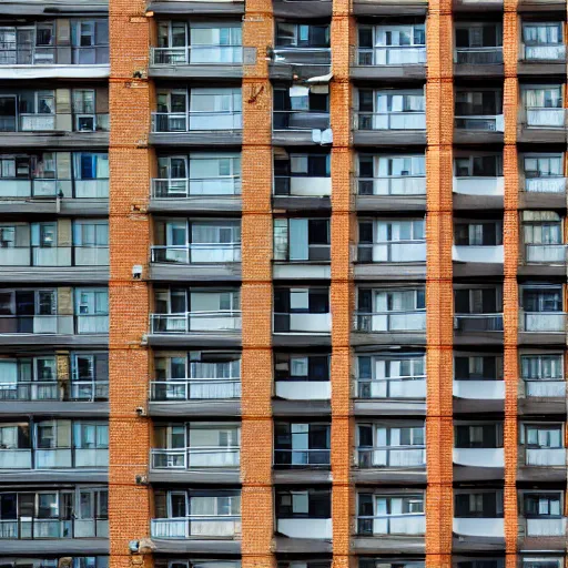 Image similar to a woman's hair grows from all the windows and doors of large apartment building, the hair reaches the ground, rendered