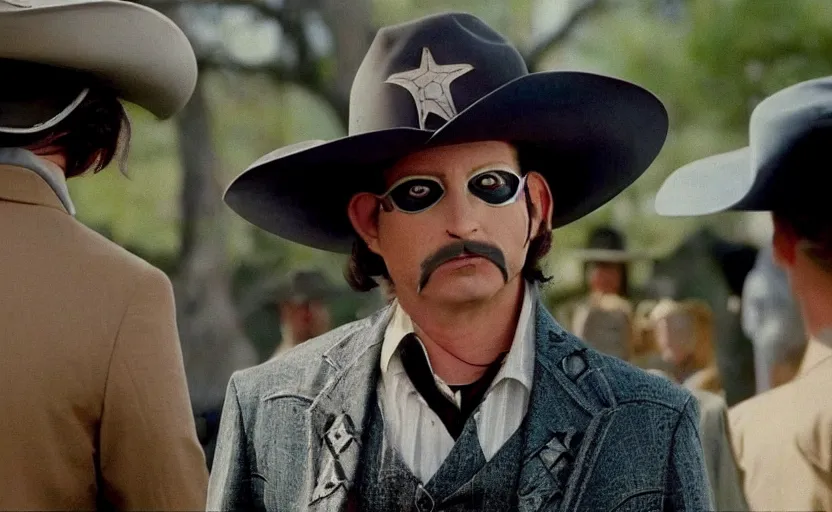 Image similar to screenshot of Tim Robinson the Lone Ranger disguise, 1990s tv show, Walker Texas Ranger cinematography, hyper-detailed, sharp, kodak color, 4k