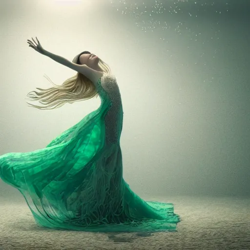 Prompt: a beautiful woman with long hair dancing underwater wearing a very long flowing dress made of many translucent layers of silver and green lace seaweed, gentle ocean waves above cause the flicker of caustics lighting on the soft sandy bottom, bubbles flicker with large translucent swirling shapes in the background, octane render, cinematic, hyperdetailed