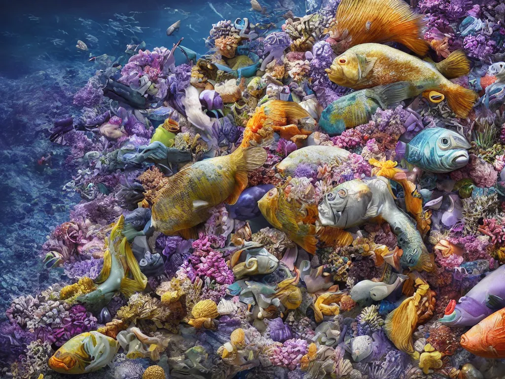 Image similar to a sculpture of fish ocean intertwined, a lovely cornucopia of flowers and human body parts, body parts, highly detailed, octane render, cinematic, shock, sharp focus, ball, an independent psycho, clean