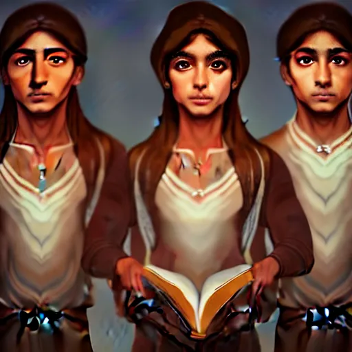 Image similar to realistic portrait of a brown female and three brown male characters summoned from inside a book like genies, aesthetic!!, trending on artstation, detailed digital art