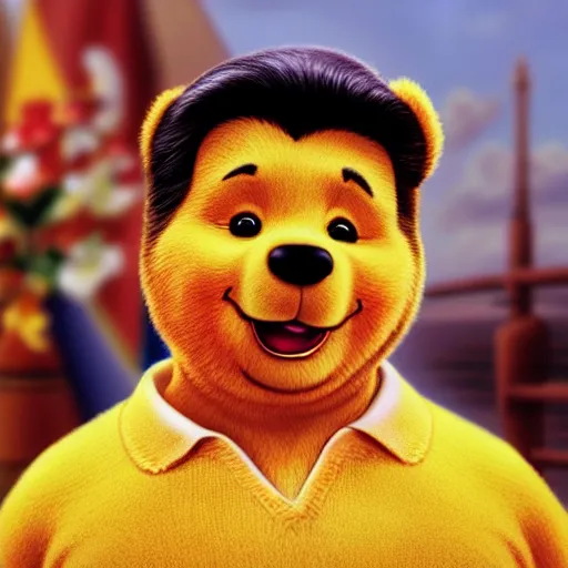 Prompt: film still photo portrait of xi jinping cosplaying as winnie the pooh, winnie the pooh xi jinping, xi jinping, realistic, hyperrealistic, 8 k resolution, hd quality, very detailed, highly detailed, intricate details, real life, real world, trending on artstation, digital art, really realistic, very realistic, headshot, head in frame, photograph, portrait