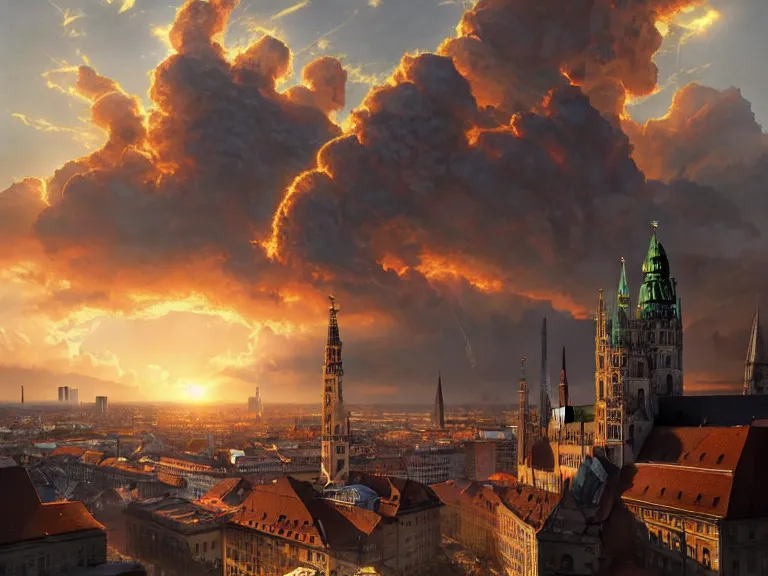 Image similar to , city of munich!!!, multiple nuclear explosions!!!, rubble, hyperrealistic, highly detailed, cinematic, single ray of golden sunlight, beautiful, cgssociety, artstation, 8 k, oil painting by greg rutkowski, by artgerm, by wlop