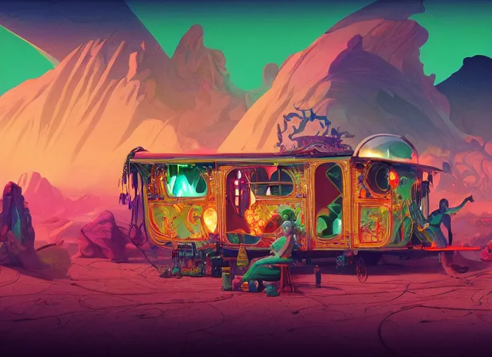 Image similar to a luminescent gypsy caravan by paolo eleuteri serpieri and tomer hanuka and chesley bonestell and daniel merriam and tomokazu matsuyama, unreal engine, high resolution render, featured on artstation, octane, 8 k, highly intricate details, vivid colors, vector illustration