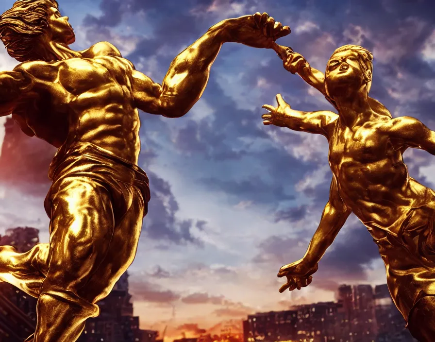 Prompt: golden statue of kid with giant first hitting a supercar, beautiful texture, beautiful graphics, fantasy artwork, very beautiful scenery, hd, hdr, ue 5, ue 6, unreal engine 5, cinematic 4 k wallpaper, 8 k, ultra detailed