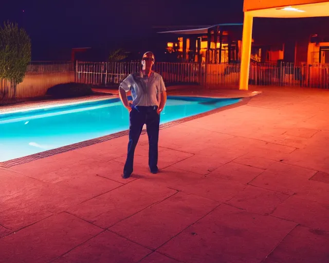 Image similar to photo of a man standing next to a swimming pool outside a motel with a neon sign in the desert at night, cinematic