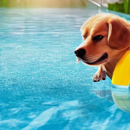 Image similar to a dog in a pool with a toy boat on his head, realistic, highly detailed, photo, 4k