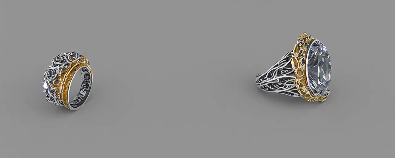 Image similar to simple silver magic crystal ring, gold, smooth, crystal, engravings, diamonds, product design, jewelry, colorful, art by gerald brom, greg rutkowski and artgerm, photo realism, unreal engine, c 4 d