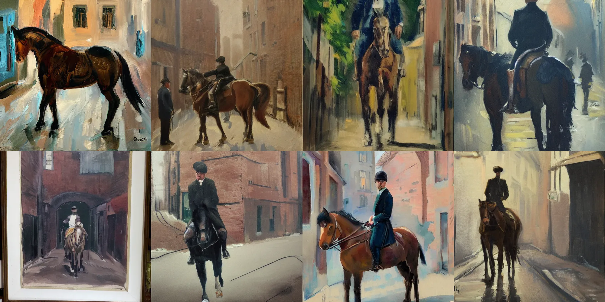 Prompt: painting of a man on a horse in an alleyway, Peaky Blinders (2018), painted by Robert Henri