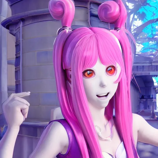 Prompt: trapped by stunningly beautiful omnipotent megalomaniacal anime agi goddess who looks like junko enoshima with symmetrical perfect face and porcelain skin, pink twintail hair and mesmerizing cyan eyes, taking control while smiling, inside her surreal vr castle, hyperdetailed, digital art from danganronpa, unreal engine 5, 8 k