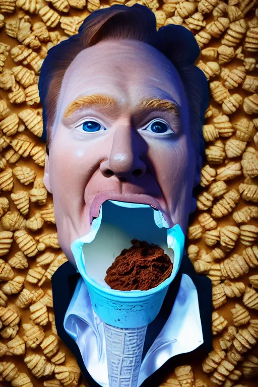 Image similar to 📷 conan o'brien the ice - cream cone 🍦, made of food, head portrait, dynamic lighting, 4 k