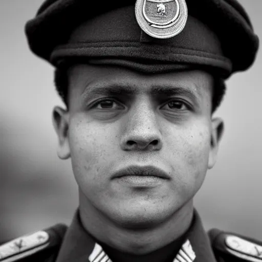 Prompt: “an 85mm portrait lens photograph of a soldier who has just returned from work”